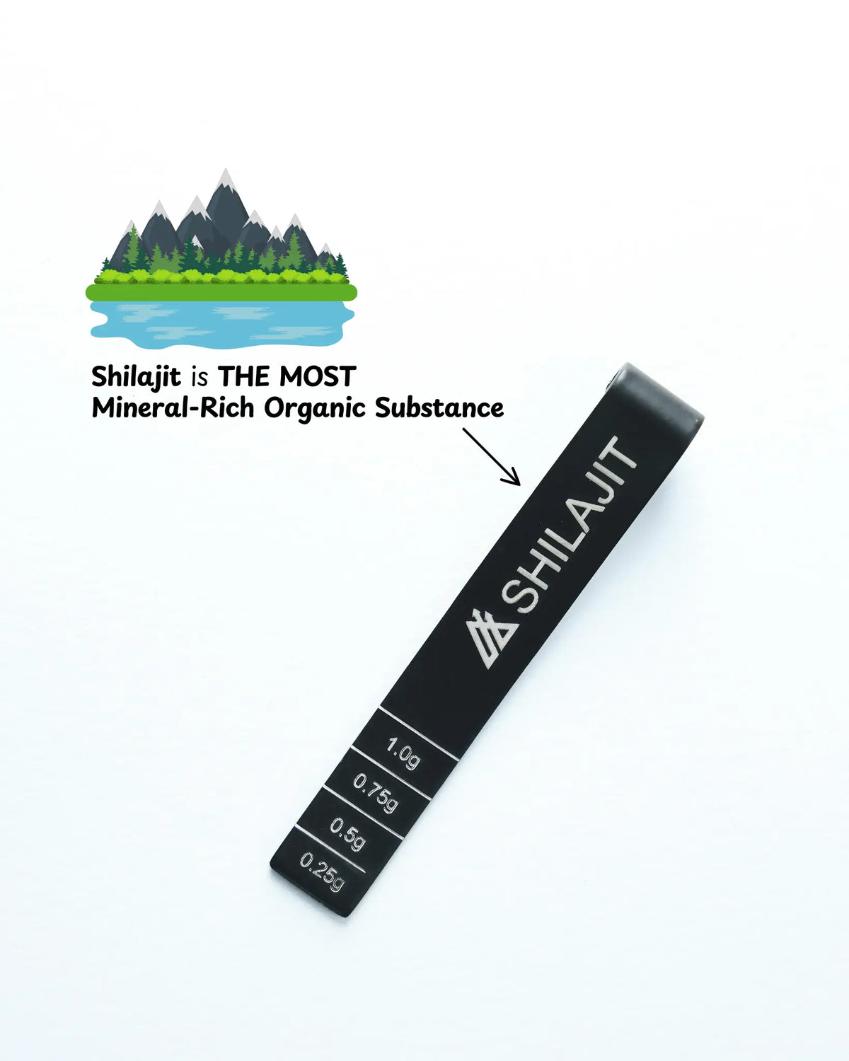 Shilajit strip with measurement scale and nature graphic on a white background