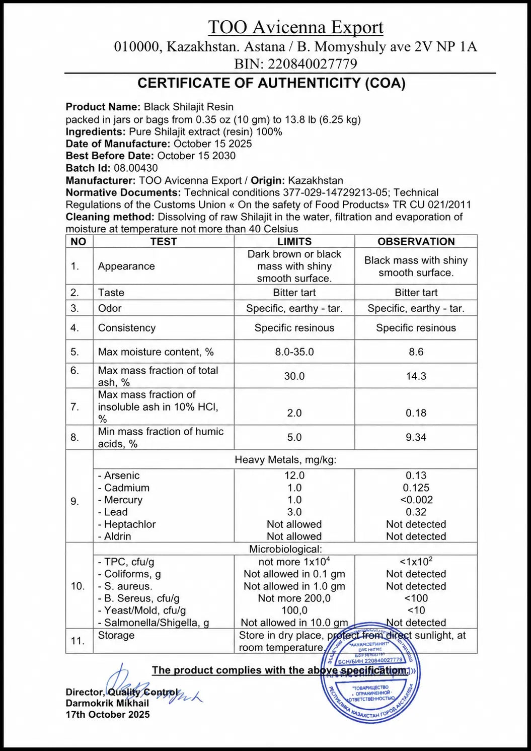 Certificate of Authenticity for a product named 'Shajjal' with test results and limits.