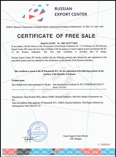 Certificate of Free Sale from Russian Export Center with text and logos.