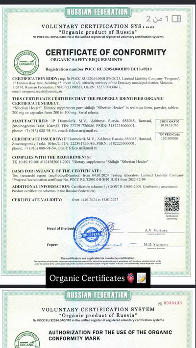 Certificate of Conformity for an organic product from Russia with certification logos and text.