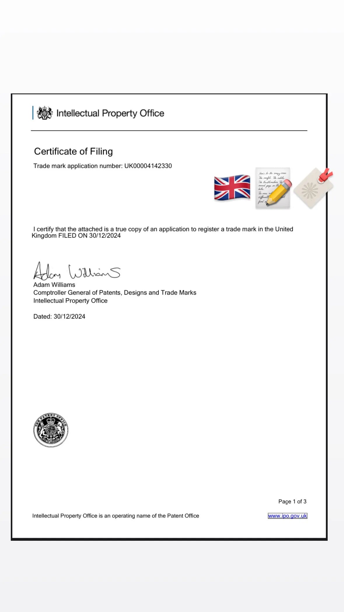 Certificate of Filing from the Intellectual Property Office with a British flag and logo.