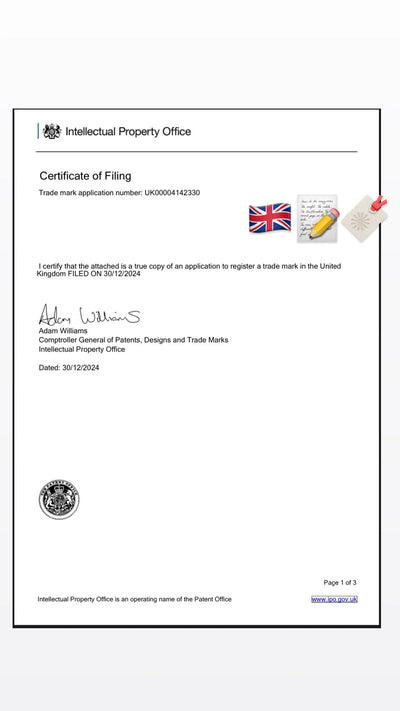 Certificate of Filing from the Intellectual Property Office with a British flag and logo.